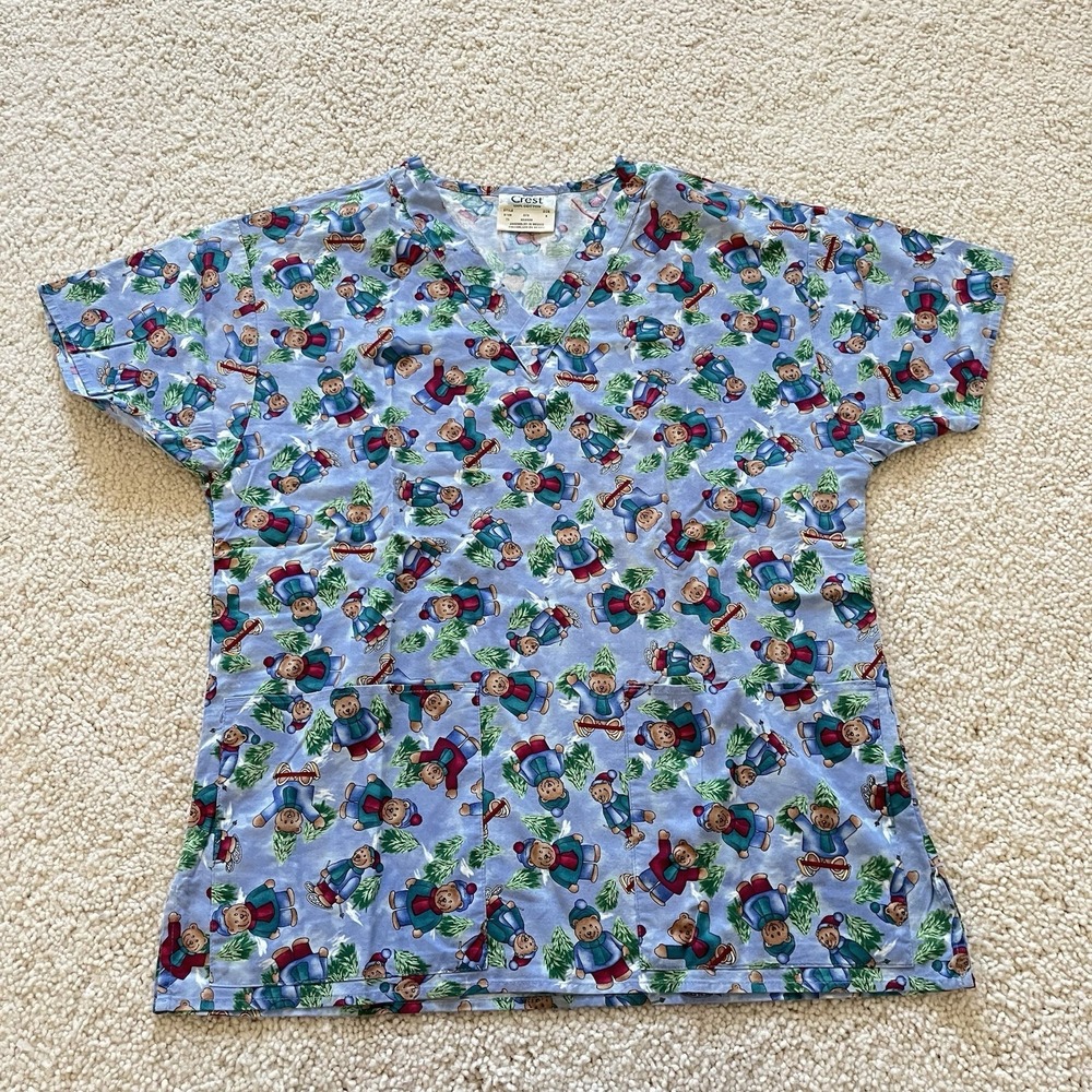 Crest Christmas Scrub Top "my Little Helpers" Teddy Bear And Tree Pattern Sz S